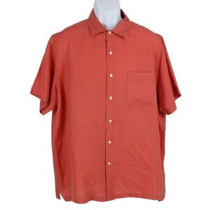 Shirt Short Sleeve Linen Button Up Casual Collared Tasso Elba Dark Orange Men XL
